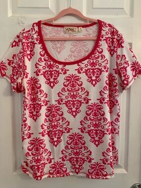 Vintage Cotton Women's Scoop Neck Short Sleeve Tee with Pink Damask Size XL $10